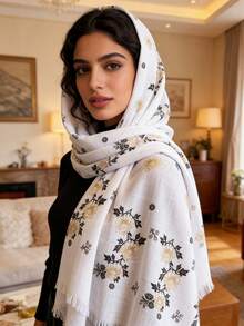 1件复古波西米亚风竹节纱线印花流苏头巾，金色花朵箔片装饰，柔软材质，多功能防晒/防风头巾披肩，适合日常生活/节日派对/宴会等场合。 - 彩色 - 查看 15