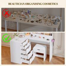 Devoko Corner Dressing Table L-Shape With Mirror, LED Lighting 3 Brightness Levels, Stool, 5 Drawers, Socket And Hairdryer Holder, White/Black - White - View 6