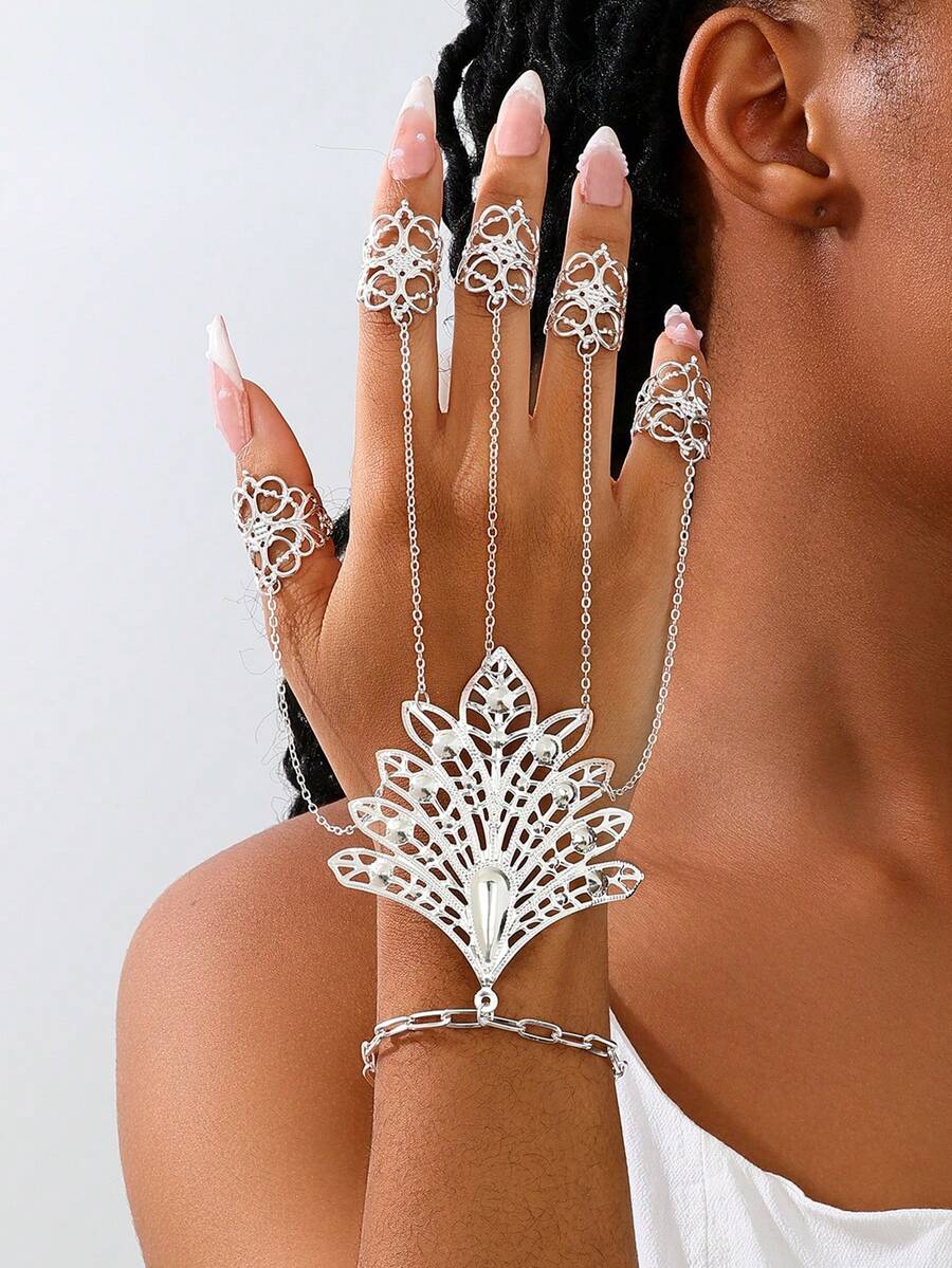 1个镂空雕刻孔雀屏风造型个性化戒指手链一体式链条派对表演手指手链（不含礼盒） - 亮白色 - 查看 1