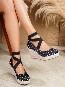 Women's Wedge & Platform Slip-On Espadrille Shoes, Black Round Toe Vacation Beach Woven Strap Sandals, Vacation Rope Sole Elastic Band Paired With Women's Shoes - Black - View 2