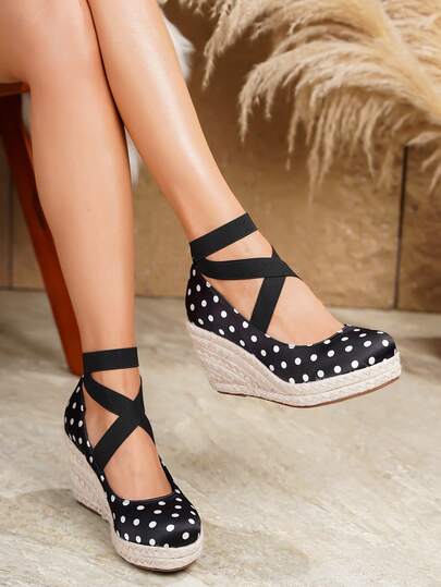 Women's Wedge & Platform Slip-On Espadrille Shoes, Black Round Toe Vacation Beach Woven Strap Sandals, Vacation Rope Sole Elastic Band Paired With Women's Shoes