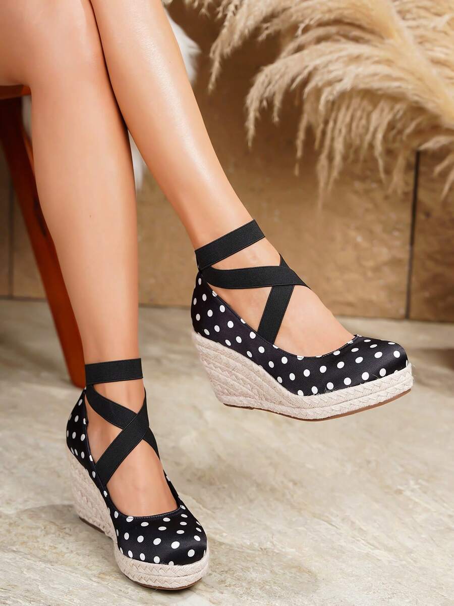 Women's Wedge & Platform Slip-On Espadrille Shoes, Black Round Toe Vacation Beach Woven Strap Sandals, Vacation Rope Sole Elastic Band Paired With Women's Shoes