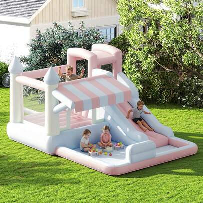 Inflatable Water Slide Bounce House With Climbing Wall & Splash Pool – Kids Play Center With Jumping Area For Indoor & Outdoor Dry/Wet Play, Pastel Colors (121*93*69")