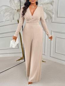 AIJ Stylish Women's Deep V Neck Long Sleeve Jumpsuit With Ruched Knitted Fabric And Wide Leg Design For Elegant Evenings - Light Apricot - View 5