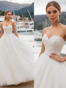 Elegant Sleeveless Off Shoulder Backless Lace Appliqué A Line Wedding Dress, Registry Office Dresses Bridal Gown,Evening Party Dress Birthday Party Dress Country Wedding,Romantic Church Ceremony Wedding Dress,Suitable For Wedding,Dating,Party,Singles' Party, Vacation, Formal Occasions, Dinner Dress, Prom Dress, Homecoming Dess, Cocktail Party, Wedding Guest Dress, Graduation - Blanco - Ver 3