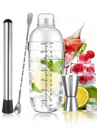 1 pieza/4 piezas Coctelera y Majador de acero inoxidable, Cuchara mezcladora de acero inoxidable, Majador para cócteles, Doble medidor de jigger de acero inoxidable, Taza medidora, Taza de onzas para uso en bar, Taza medidora de doble extremo