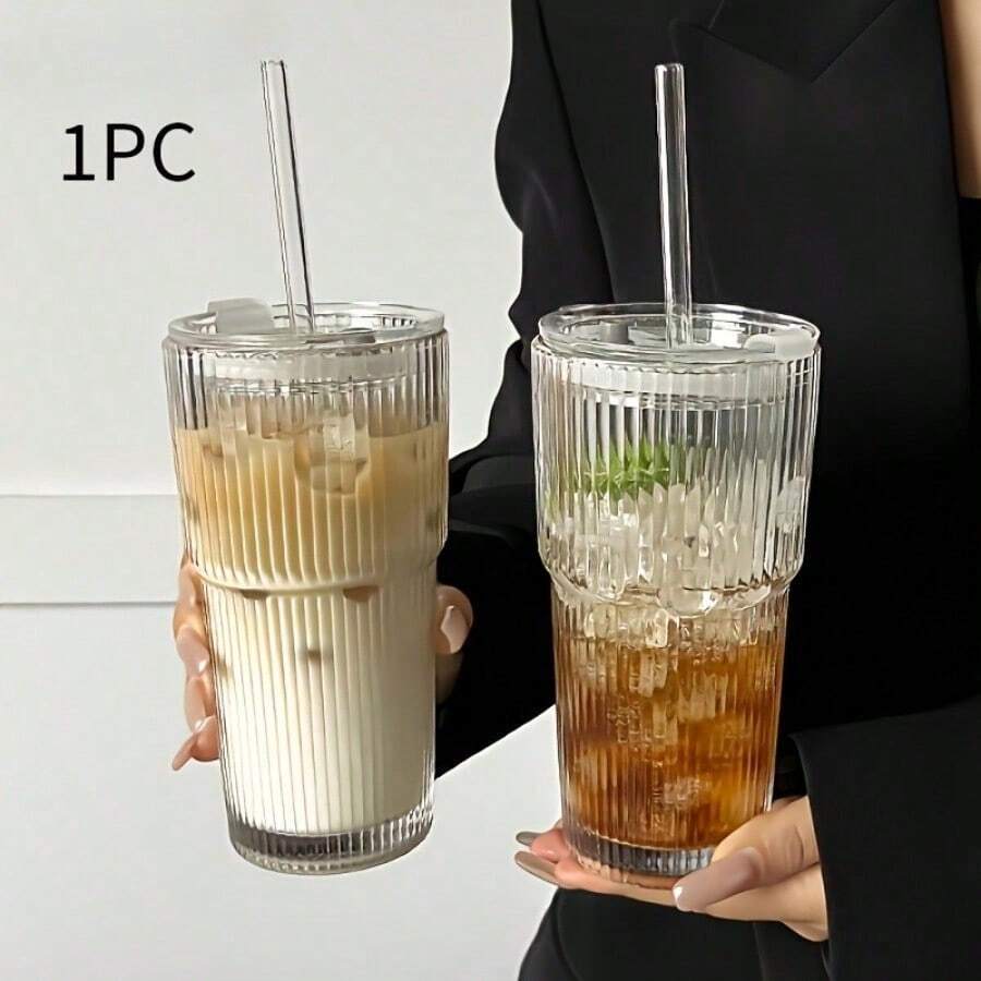 1 Set Of 600ml 20Oz Striped Glass Cups With Lid And Glass Straw | Thick And Durable, Reusable, Machine Washable, Perfect For Iced Coffee, Smoothies, Cocktails, Juices, Suitable For Home, Office, Travel - Transparent - View 1