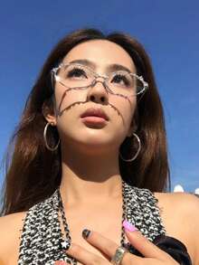 1pc Rhinestone Oval Fashion Eyeglasses Frame, Niche High-End Plain Glass Metal Minimalist Suitable For Photo Decoration - Multicolor - View 4