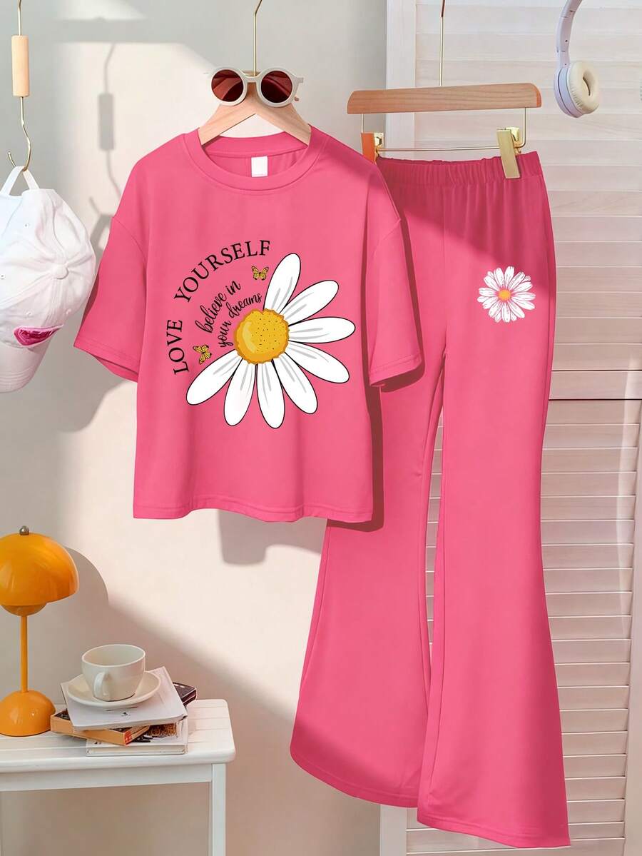 2pcs/Set Girls Casual Minimalist Letter & Floral Print Round Neck T-Shirt + Floral Pattern Flare Pants Outfit, Comfortable Spring/Summer New Arrival - Hot Pink - View 1