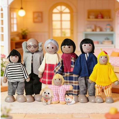 9件套暖色调木制摆件套装，包含人物和宠物造型，家居装饰桌面摆件，客厅装饰配件，派对礼品，场景装饰氛围道具，时尚摆件组合