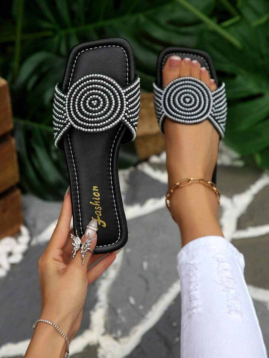 2026 New French Style Crystal Embellished Square Toe Flat Slide Sandals, Elegant Slip-On Suitable For Dresses, Spring/Summer/Autumn