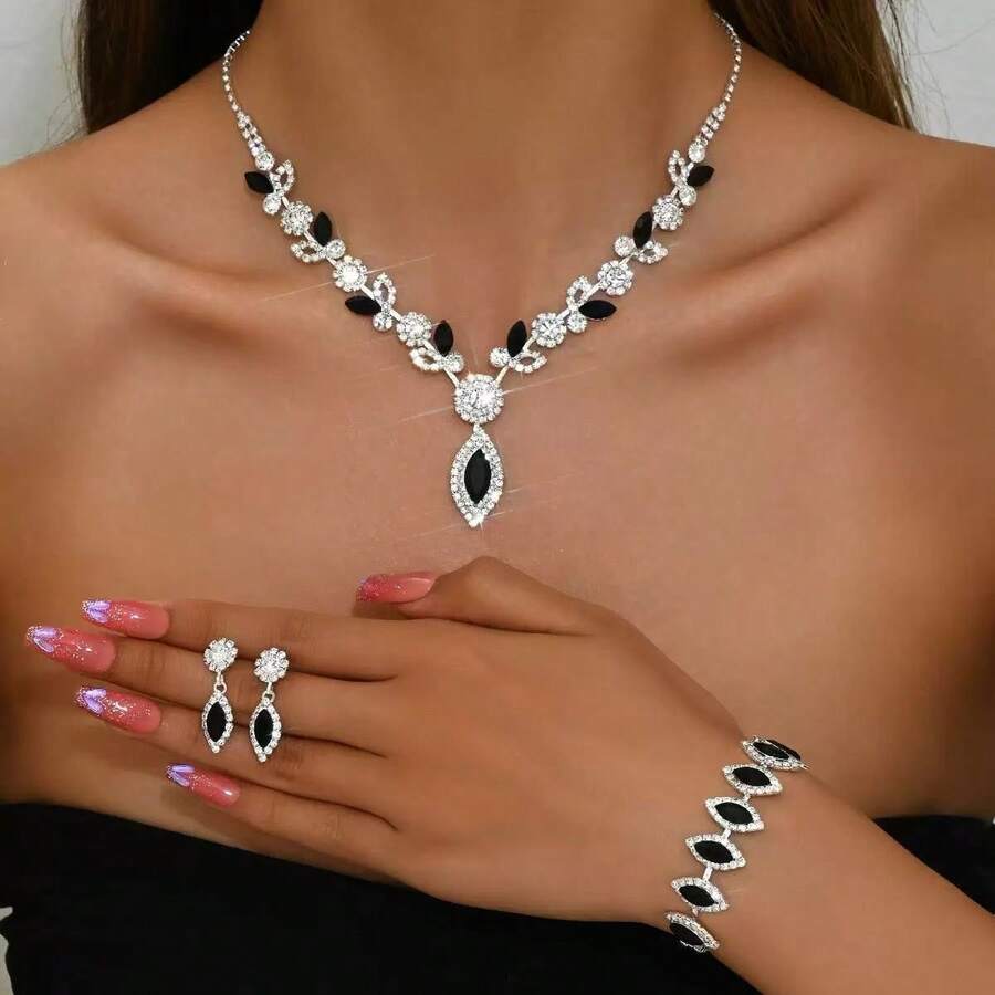 3/4-Piece Fashion Jewelry Set, Black Gemstone Necklace And Earrings Bracelet, Perfect For Women To Wear At Parties And Special Occasions - Four Piece Jewelry Set - View 1