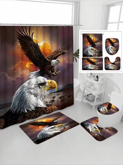1/4pcs Vivid Eagle Artwork Printed Waterproof Bathroom Curtain Set, Tranquil & Healing, Waterproof & Mildew Resistant, Thick Polyester, No Drill Installation, Anti-Slip Bath Mat, Absorbent Toilet Pad, Digital Printing, Fade Resistant, Machine Washable, All Season, Holiday Limited Edition