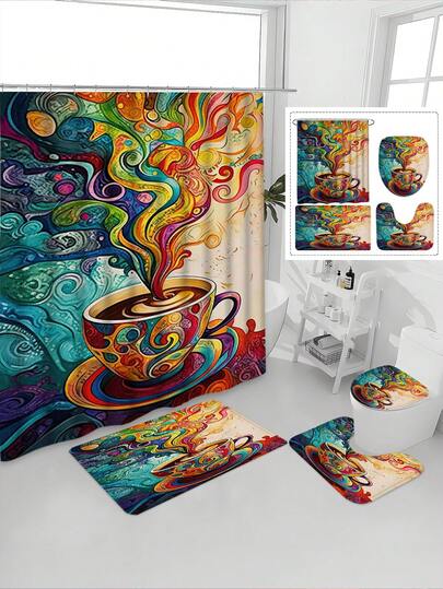 1/4pcs Printed Waterproof Bathroom Curtain Set, Tranquil & Healing Pattern, Waterproof & Mildew Resistant, Thick Polyester, No Drill Installation, Anti-Slip Bath Mat, Absorbent Toilet Pad, Digital Printing, Fade Resistant, Machine Washable, All Season, Holiday Limited Edition