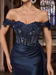 QOQ Princess Style Applique Evening Gown, Women's Mesh Patchwork Formal Dress, Suitable For Birthday Party, Gala, Charity Ball, Formal Dinner, Off-Shoulder Slit Fitted Long Dress Wedding Spring - Navy Blue - View 7
