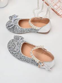 女童银色亮片公主鞋，新款上市，珍珠鞋带，水钻蝴蝶结，儿童演出礼服鞋，花童婚礼鞋 - 銀色 - 查看 4