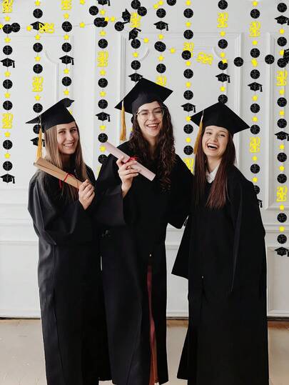 1件毕业季黑金配色，黑蓝荷叶边布料，毕业照背景道具，适用于2026年毕业派对、返校季、教师办公室及其他学习场所，也可作为场景装饰道具。