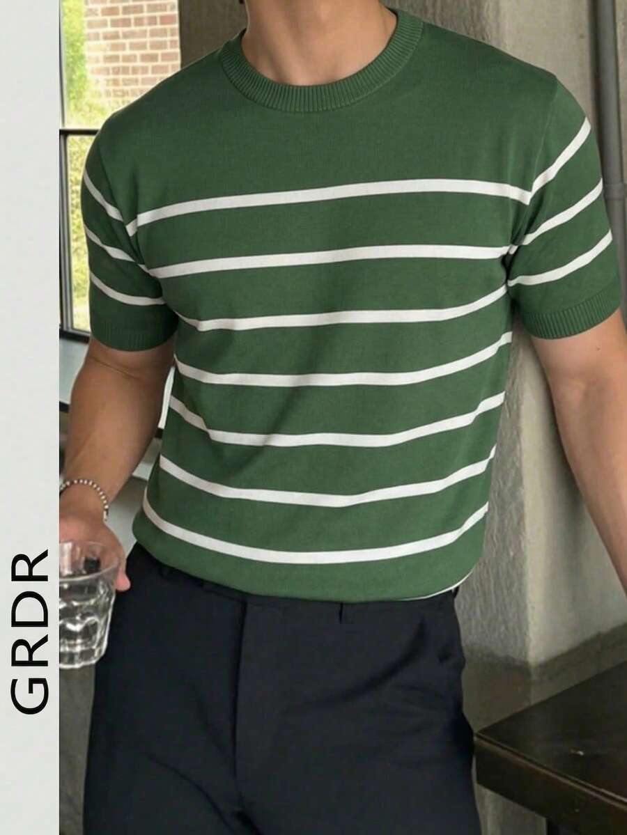 GRDR Men's Summer Knit Striped Short Sleeve Shirt, Suitable For Casual, Business, And Fashion Classic Outfits