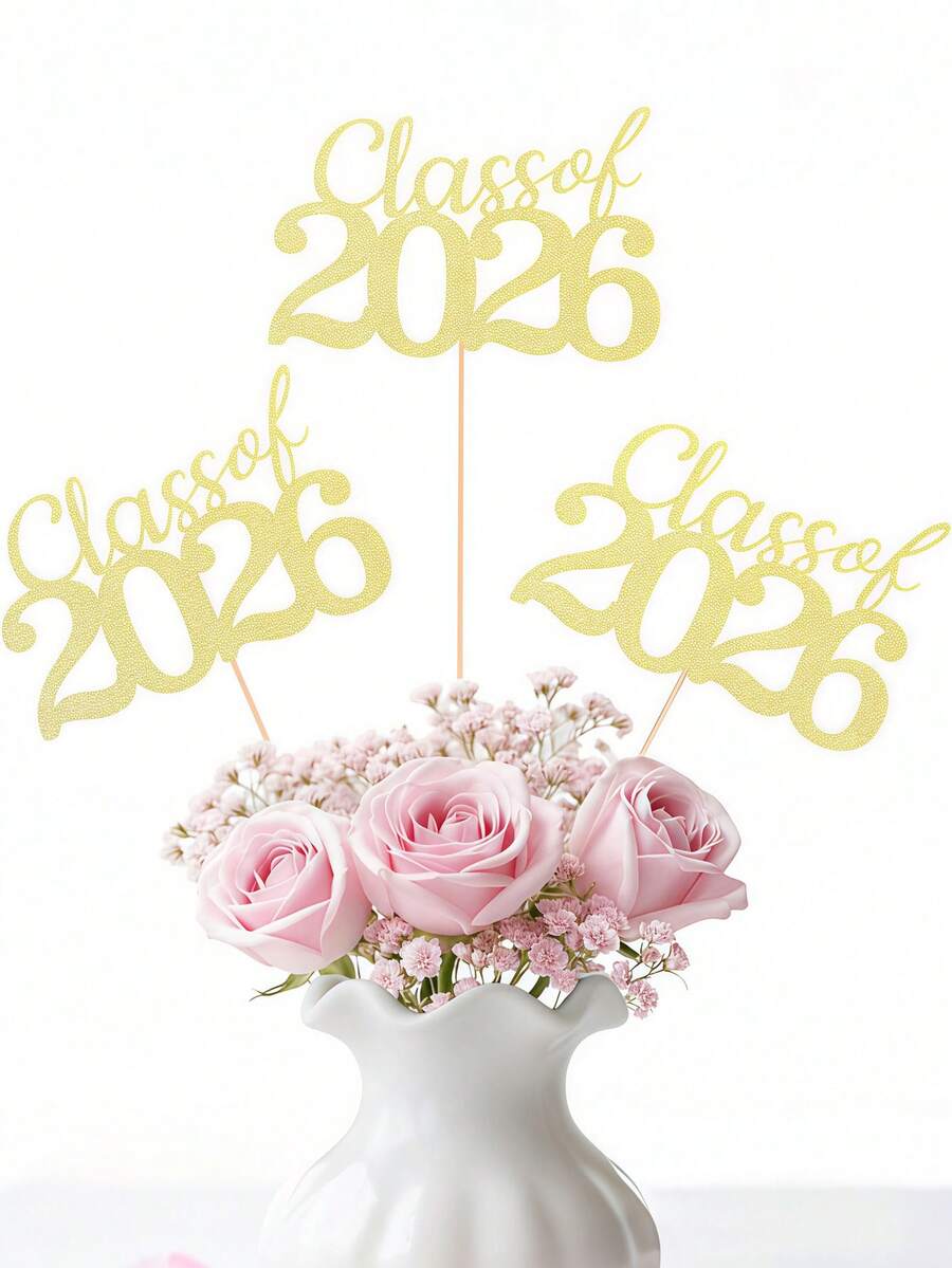 2026届毕业典礼桌面装饰摆件套装（12件装） - 12个预组装金色闪光桌面装饰摆件，带支架；毕业派对用品，适用于餐桌装饰、蛋糕装饰和拍照道具；2026届毕业典礼桌面装饰摆件；双面金色毕业典礼桌面装饰摆件，带支架；毕业派对装饰