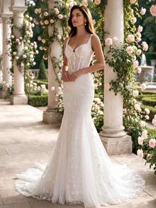 HEARBOBO Elegant Luxury Sleeveless Bridal Dress, Baroque White Lace Engagement Backless Mermaid Bohemian Wedding Gown With Train - White - View 7