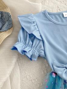 女童甜美碎花网纱短袖A字连衣裙，夏季 - 藍色 - 查看 4