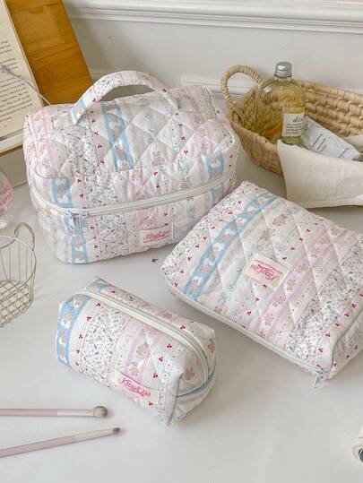 1PC/Set Pink Floral Blue Bowknot Bear Girls Makeup Bag Set Cosmetic Organizer Storage Bag With Zipper For Skin Care,Cosmetics,Lip Oil,Sunscreen Cream,Hand Cream,Headset,Coin,Small Items Cute Makeup Bag Makeup Bags Makeup Case Make Up Bag Daily Commute Essentials Travel Essentials Cruise Essentials Dorm Essentials,Gift For Friends Birthday Gift Wedding Bridesmaid Gift Mom's Gift Teacher's Gift