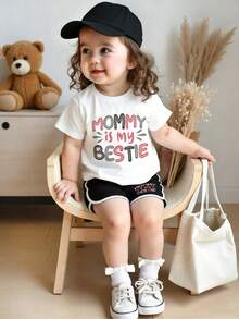 Baby Girl Letter Print Short Sleeve T-Shirt And Shorts Casual Outfit - White - View 1