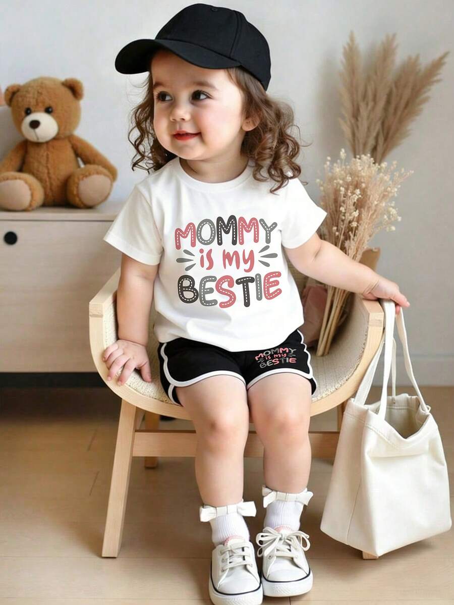 Baby Girl Letter Print Short Sleeve T-Shirt And Shorts Casual Outfit - White - View 1