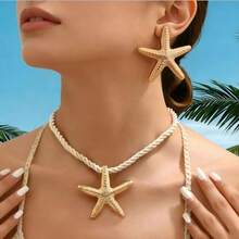 1 Set de Joyería Minimalista y Elegante con Collar y Aretes Asimétricos con Forma de Estrella de Mar para Mujeres, Popular para Comercio Transfronterizo - Juego de estrellas de mar de aleación de hierro - Ver 1