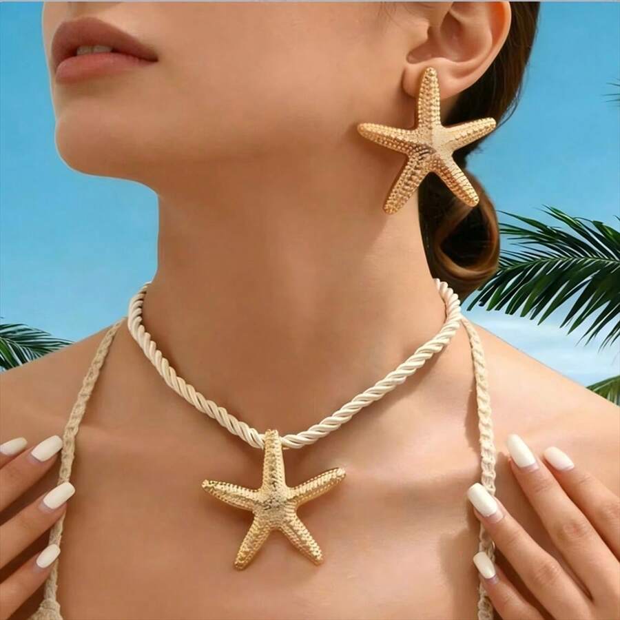 1 Set de Joyería Minimalista y Elegante con Collar y Aretes Asimétricos con Forma de Estrella de Mar para Mujeres, Popular para Comercio Transfronterizo - Juego de estrellas de mar de aleación de hierro - Ver 1
