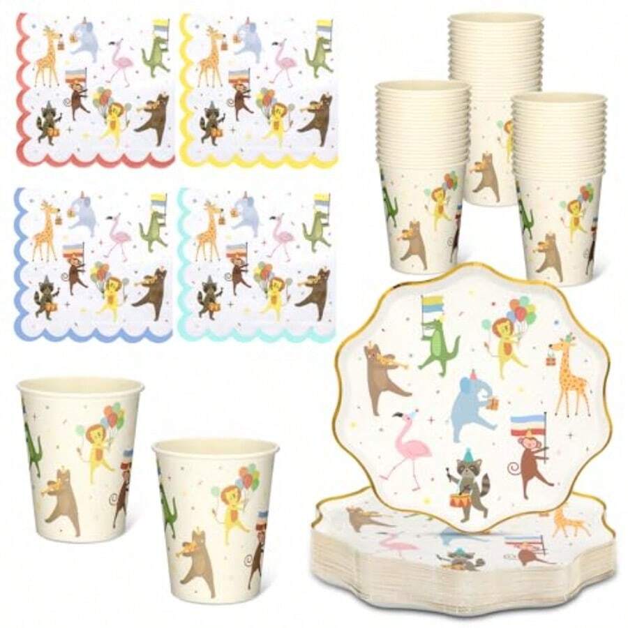 Juego de 150 piezas de suministros de fiesta de desfile de animales platos de papel y servilletas lindos juegos de vajilla desechables para decoración de fiesta de cumpleaños sirven a 50 - Color brillante - Ver 1