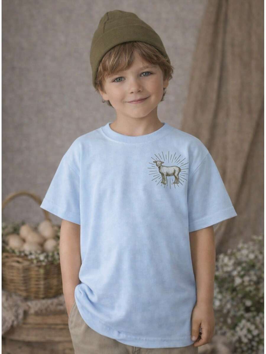Children's T-Shirt With Christian Easter Design, Lamb Of God, Vintage Print. - 淺藍色 - 查看 1