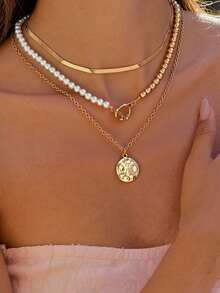 3pcs/Set Faux Pearl CCB Bead Coin Pendant Necklace, Fashion Beaded Choker Necklace With Metal Clasp, Suitable For Daily Wear Or Gift, Handmade Chain Length Customizable - Multicolor - View 1