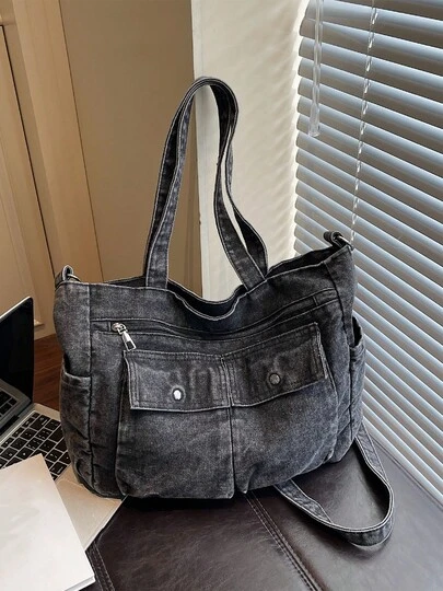 Túi tote denim thời trang thường ngày, dung tích lớn, thiết kế nhiều ngăn, thích hợp xách tay, đeo vai và đeo chéo cho các hoạt động hàng ngày.