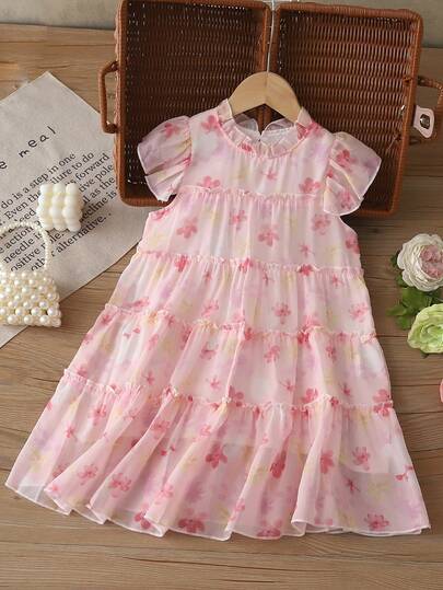 Girls' Chiffon Floral Princess Dress, Sweet Cake Skirt, Birthday Gift, Party Outfit, Summer