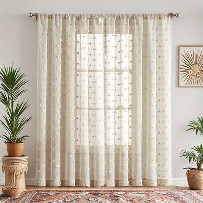  1pc Or 2pcs COSENNATUR Beige Romantic Minimalist Polka Dot Pom Pom Sheer Curtain, Kitchen Window Curtain, Rod Pocket Top, Easy To Hang, Lightweight & Soft, Polyester Fabric, Suitable For All Seasons, Washable, Ideal For Bedroom, Living Room, Office, Balcony Filtering Light Decoration