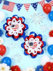 2PCS Independence Day Flower Hair Clips For Girls 4th Of July Glitter Star Multicolor Striped Fabric Bow Hair Clips, Red&Blue American Flag Print Bow Hair Clips, Personalized Alligator Clips For Holiday Party Hair Barrettes Teens Hair Accessories - Multicolor - View 4