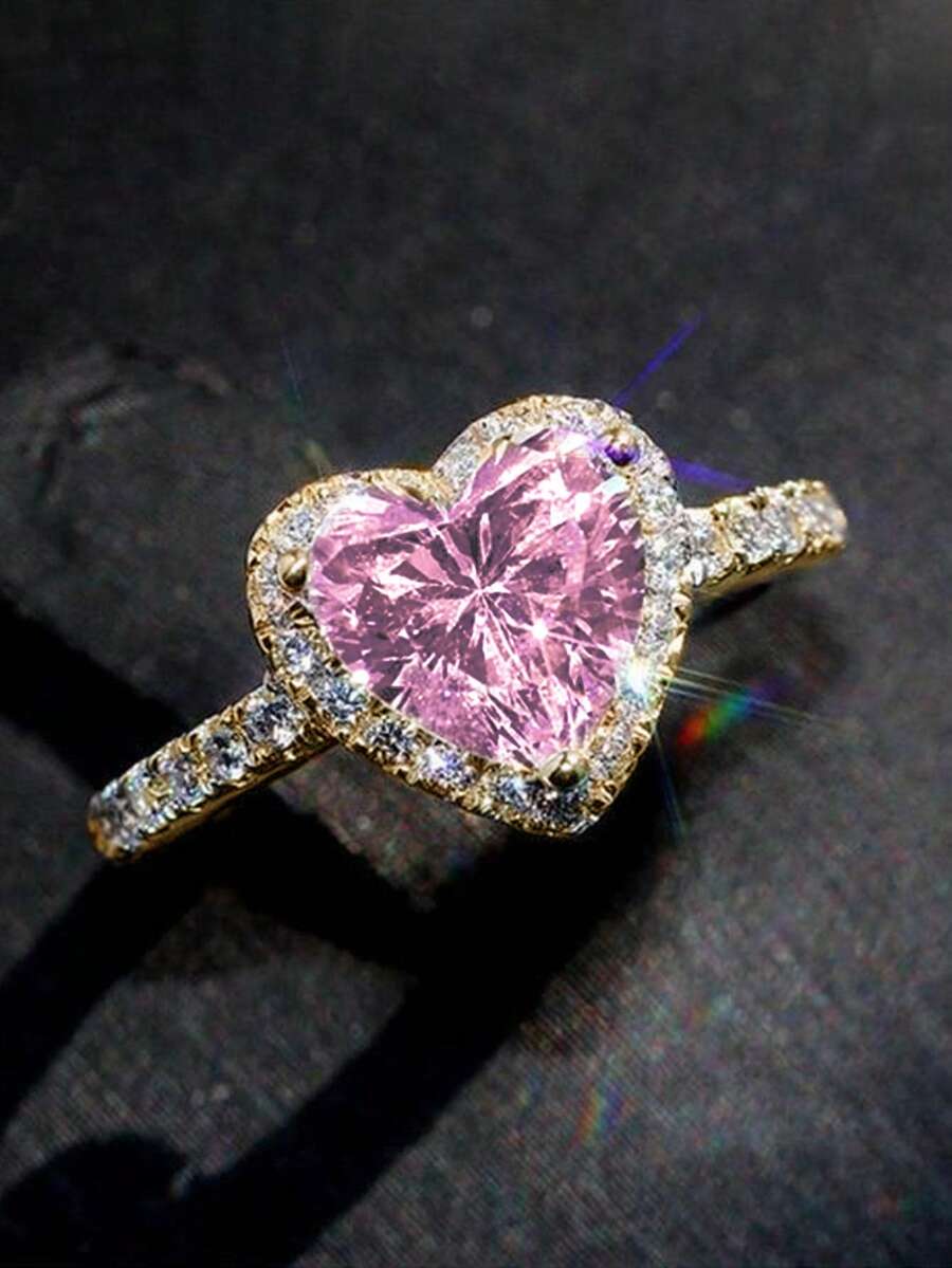 1件女款迷人方形鋯石戒指,適合情人節禮物、婚禮週年派對佩戴 - 金色+粉紅色 - 查看 1