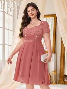 Đầm dạ hội cỡ lớn, cổ chữ V sâu, đính sequin, ren hoa, phối màu tương phản, viền bèo nhún, chất liệu chiffon, thích hợp cho dạ hội, tiệc bán trang trọng, dự đám cưới, sinh nhật, lễ tốt nghiệp, lễ hội và các dịp khác, kiểu dáng thanh lịch mùa hè. - Bụi hồng - Xem 4