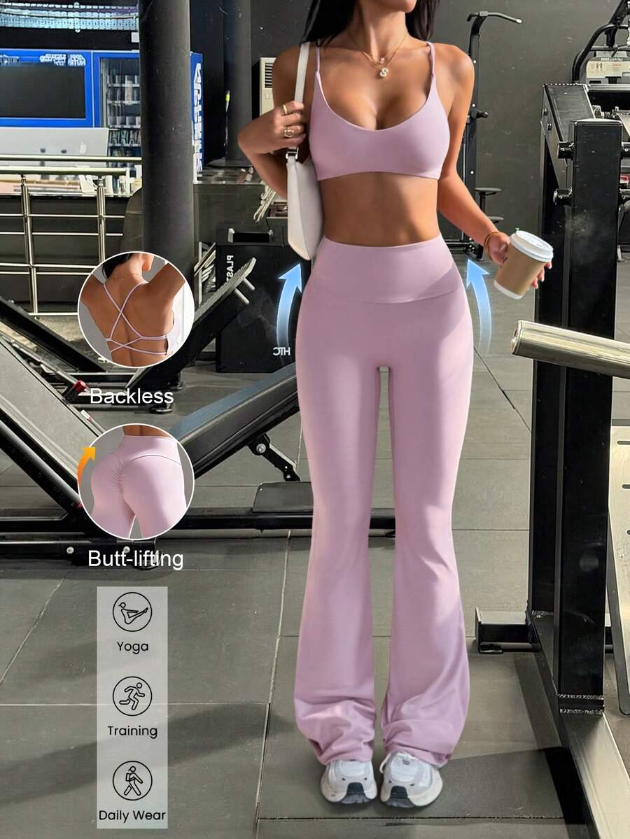 Bộ đồ thể thao nữ mùa hè màu trơn Aoqta gồm 2 mảnh, áo crop top không tay ôm sát, hở lưng gợi cảm, cổ chữ V sâu và quần ống loe cạp cao ôm dáng, trang phục tối giản cơ bản phù hợp cho yoga, chạy bộ, tập luyện và mặc hàng ngày. - Màu tím hoa cà - Xem 1