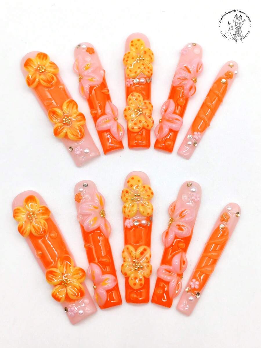 10pcs Handmade Wearable Nail Art, 55mm Long Coffin Shaped Nails, Pink Nails, Orange Nails, 3D Embossed Yellow Flowers, Pink Flowers, Gold Beads Decor, White Pearl 3D Flower Decor. Cute Nail Art Accessories, Spring Nail Accessories. - Multicolor - View 1