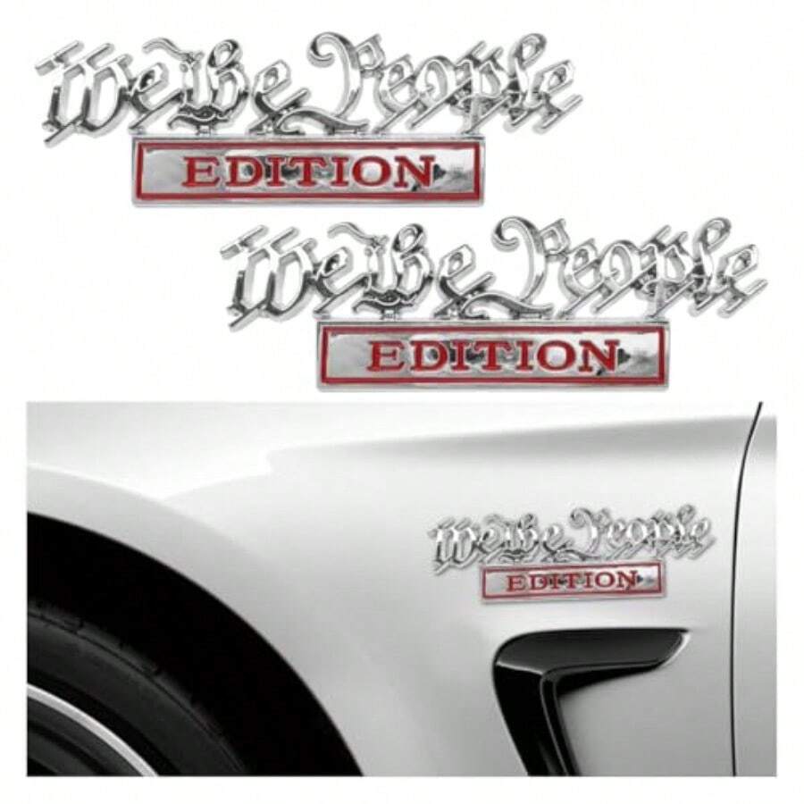 2PCS 3D Metal We The People Edition Car Emblem Sticker Self-Adhesive Raised Tailgate Emblem Car Fenders Badge Decal Personalized Auto Body Embossed Decorative Decal Stickers For Cars Silver/Red Ideal For Vehicle Customization Outdoor Use And Personalized Automotive Decoration - Bạc/Đỏ - Xem 1