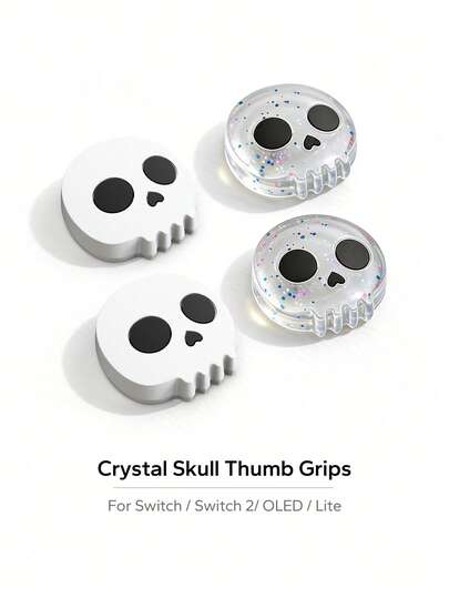 2个水晶骷髅头摇杆帽硅胶套，防滑握把保护套，兼容Switch NS/Switch 2/Switch OLED/Switch Lite Joy-Con手柄，透明闪光白色骷髅头设计，柔软耐用，提升游戏体验，个性化DIY手柄装饰，适合Switch玩家、万圣节爱好者和收藏家，兼容Switch游戏机手柄配件