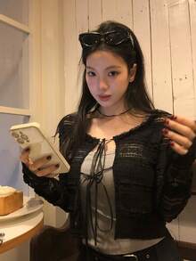 黑色修身系带薄款开衫外套 - 黑色 - 查看 6