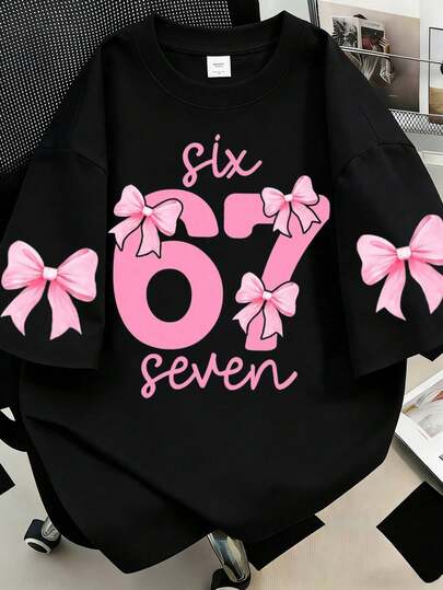 Plus Size Casual Minimalist Personalized Cool Numeric 67, Bow Decor, Short Sleeve Round Neck Graphic T-Shirt, Suitable For SummerCasual Printed Crew Neck Short Sleeve T Shirt Bows Women's Shirts Y2k