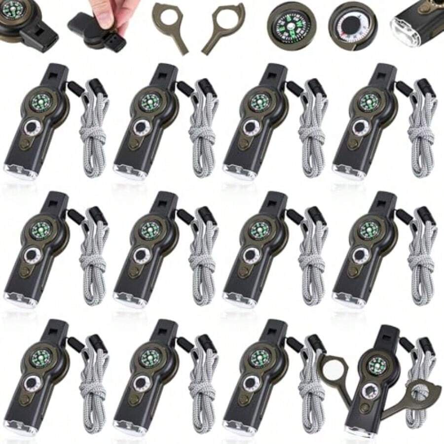 Paquete de 12 silbato de supervivencia de emergencia 7 en 1 brújula de senderismo supervivencia de con cordón herramienta multifuncional al aire última intervensión ideal para - Verde militar - Ver 1