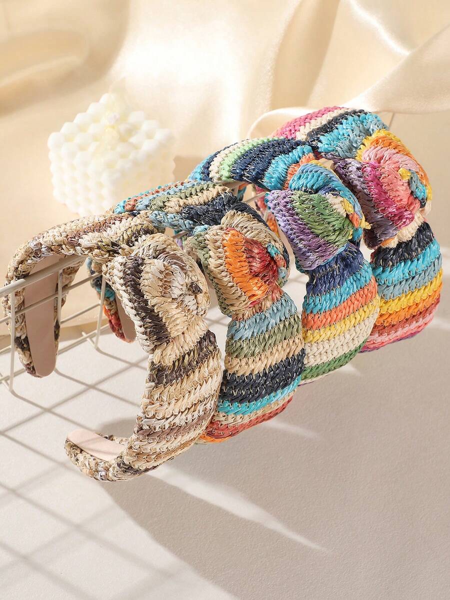 1 pieza Diadema ancha de estilo bohemio, diseño de rayas coloridas, tocado anudado de moda con aire rústico, adecuado para atuendos casuales, de playa y de vacaciones, banda para el cabello, aro para el cabello - Multicolor - Ver 1