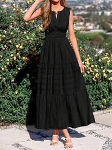 Women Summer Boho Sleeveless V Neck High Waist A-Line Flowy Long Maxi Dress Spring Holiday Hawaii Beach Vacation Party Sundress Outfits - 黑色 - 查看 4