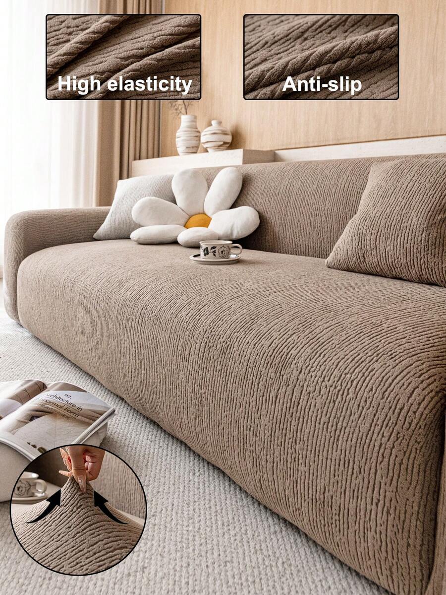 1pc Classic Solid Color Sofa Cover, High Elasticity, Dust-Proof And Dirt-Resistant, Machine/Hand Washable Furniture Protector, Suitable For All Seasons, Fits 3/4-Seater Sofa (Multiple Sizes Available) - Brown - View 1
