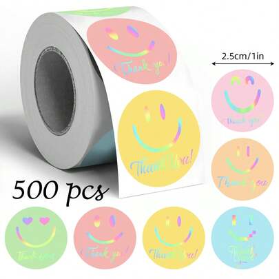 500pcs/Roll Holographic Smiling Face Stickers, 6 Colors Holographic Thank You Labels, Suitable For Wedding, Party, Birthday Gift Packaging, Baking Sealing Stickers, Dessert Packaging Labels, Free Gift Stickers, Gift Packaging Sealing Decorative Stickers, Round Decorative Stickers, Graduation Decorations, Bridesmaid Gifts, Wedding Stickers Scrapbook Supplies Scrapbooking